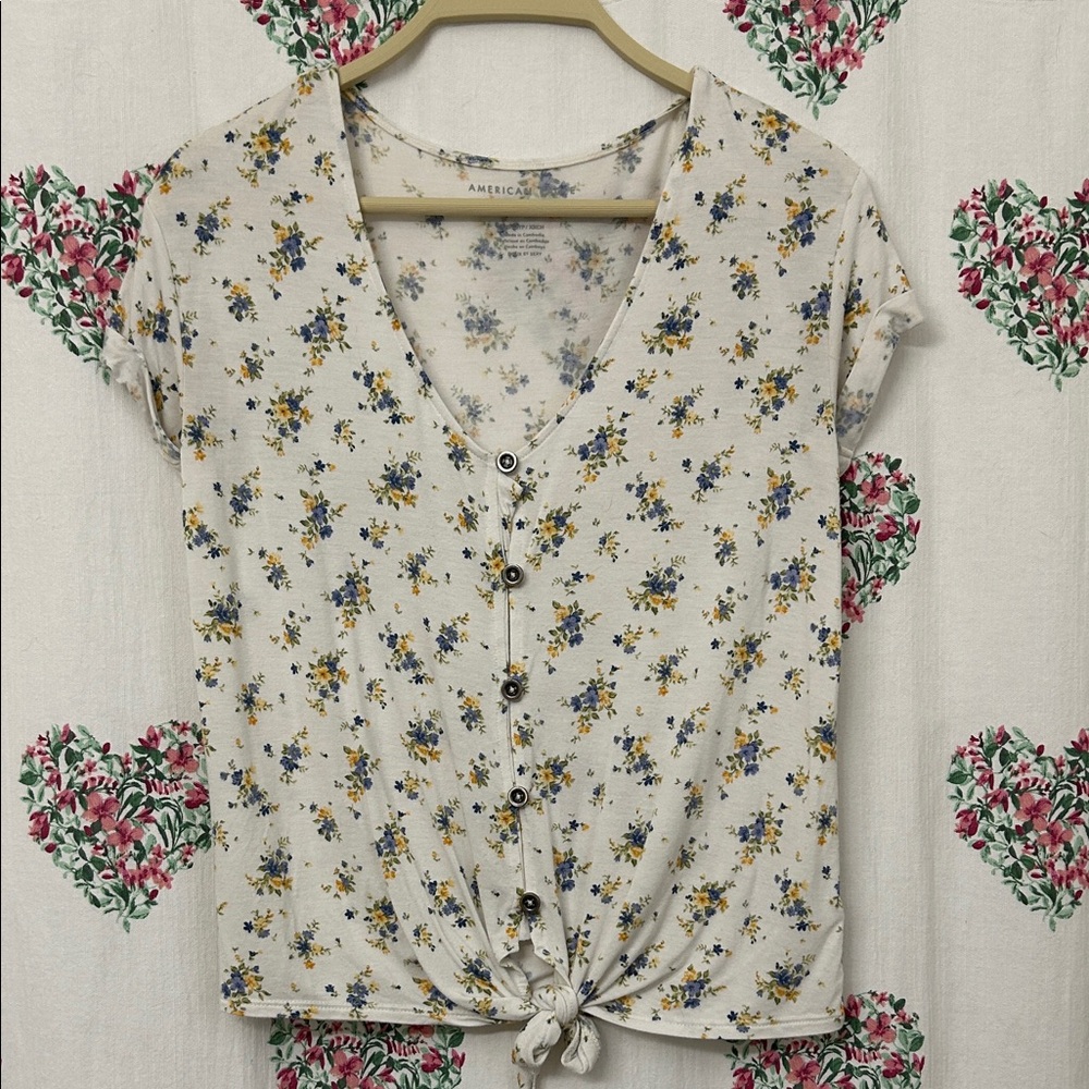 American Eagle Outfitters Floral Button-Down Shirt - White and Blue